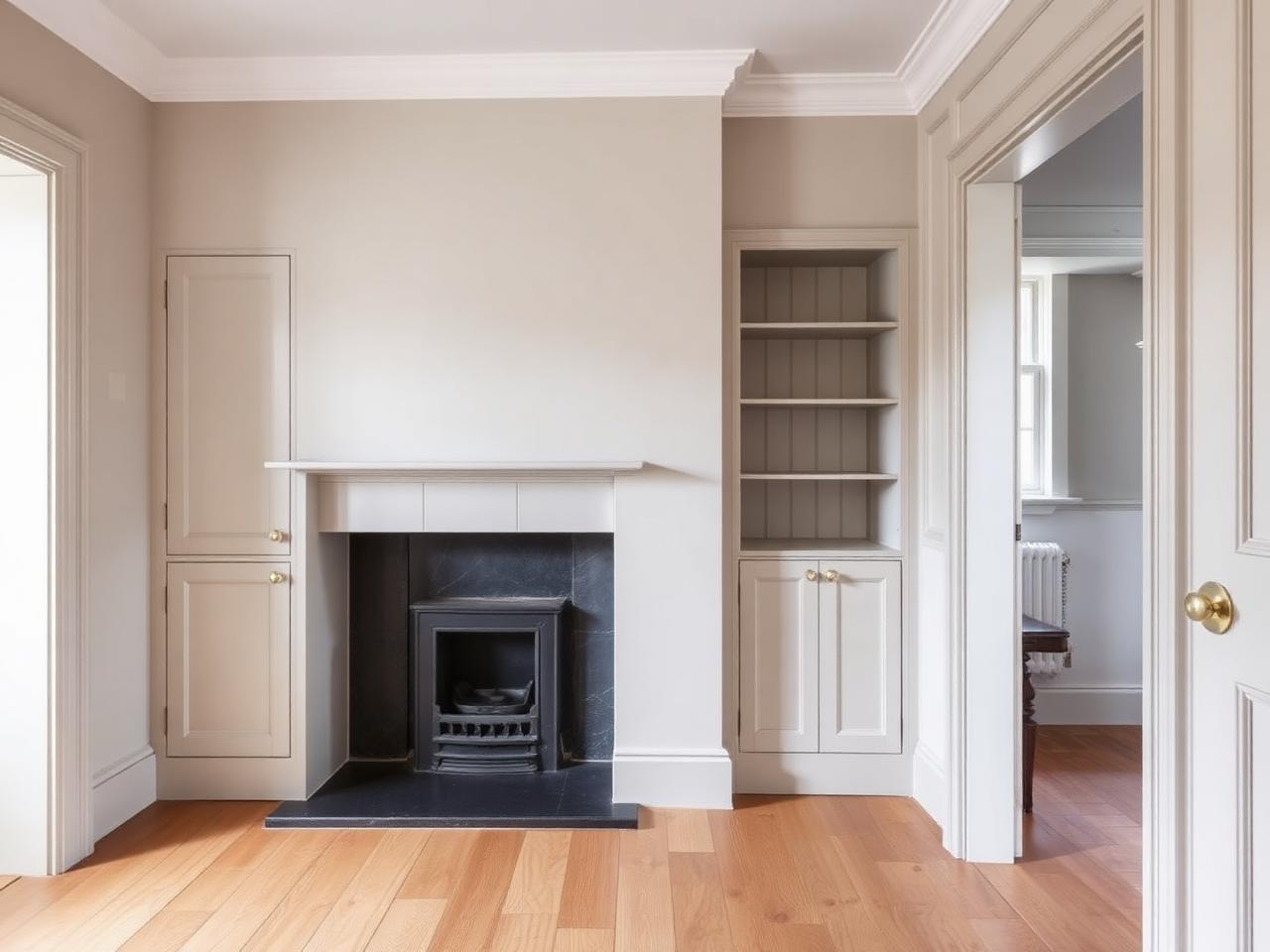 Painted alcove unit with cupboards below and open shelving above beside a chimney breast