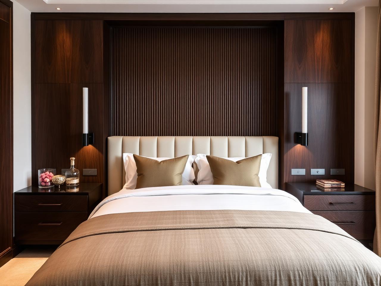 Fluted timber headboard wall with matching bedside cabinetry