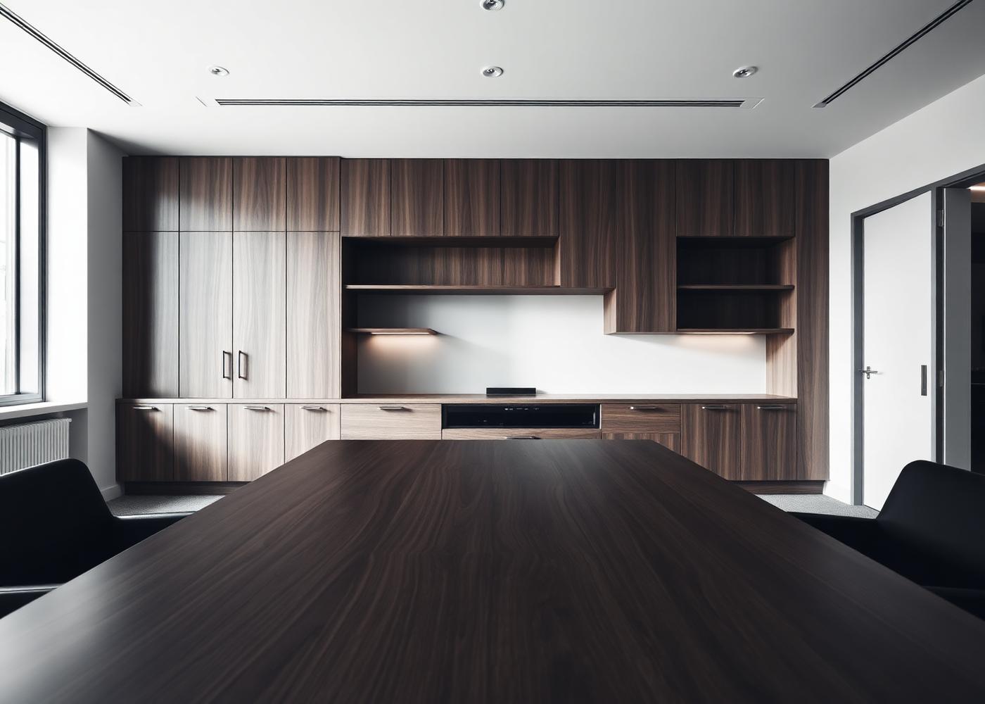 Walnut boardroom credenza and storage wall with integrated AV cabinetry behind a boardroom table