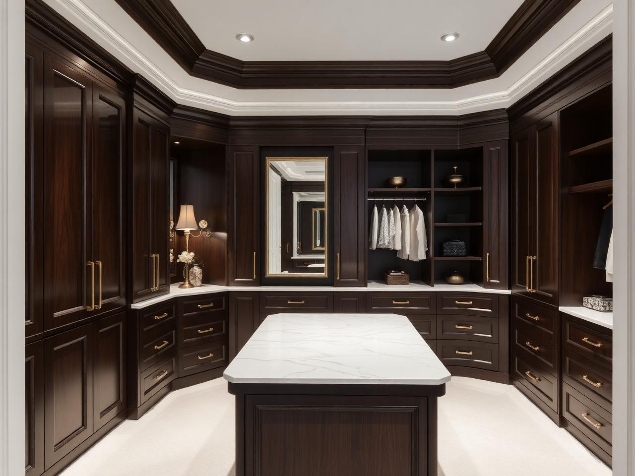 Walk-in dressing room with open hanging rails, drawer banks and integrated lighting
