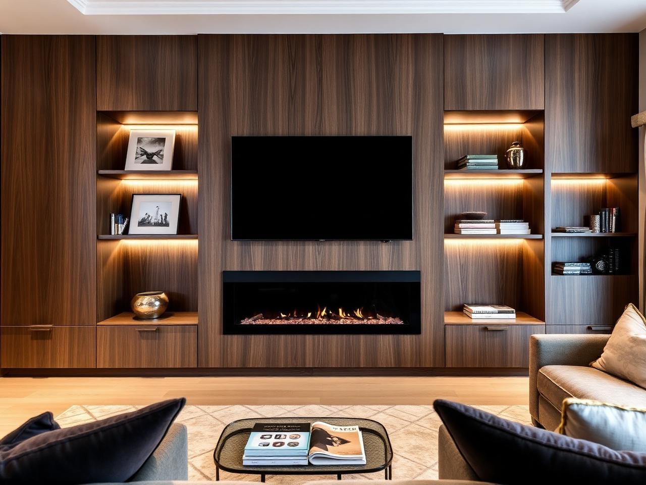 Timber-panelled media wall with recessed display opening and concealed storage