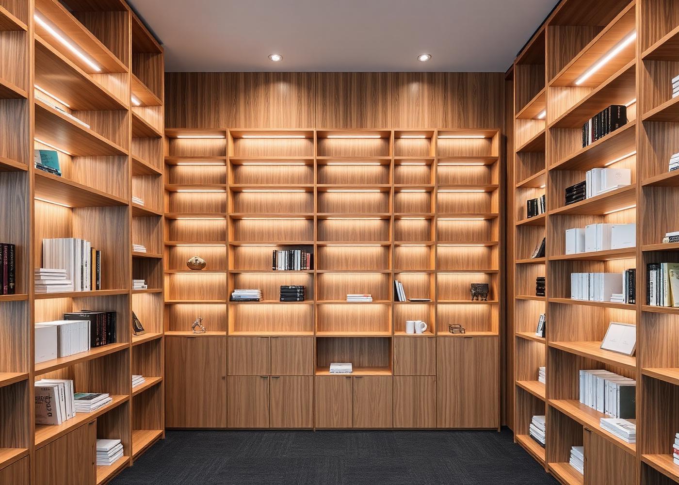 Full-height oak office shelving wall with slim uprights, integrated lighting and display objects