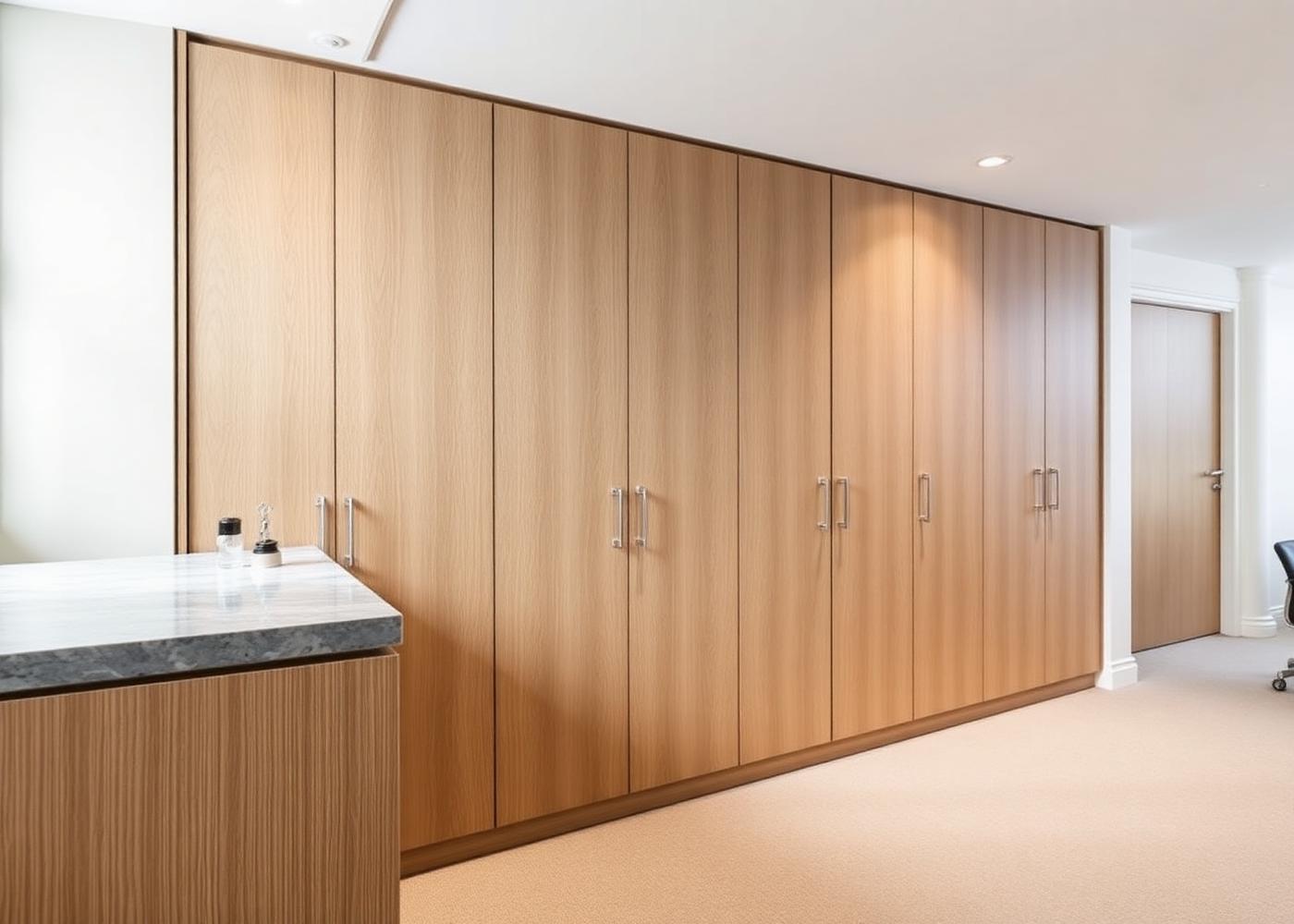 Built-in office storage wall in oak veneer with push-to-open doors and a stone-topped tea point