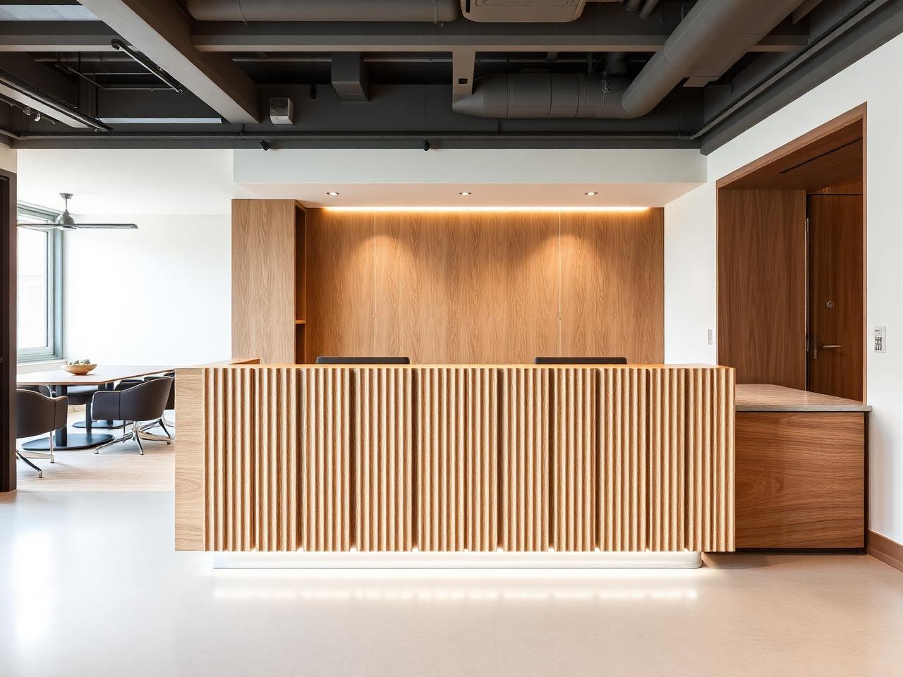 Fluted oak reception desk with a stone counter and integrated lighting in an office entrance