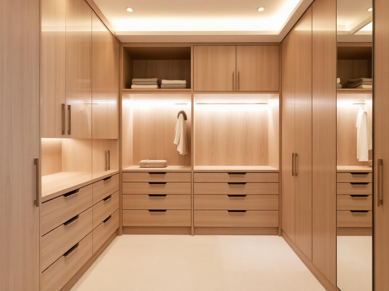 Floor-to-ceiling walk-in wardrobe in pale oak with drawer banks and a mirrored end panel, made by SH Joinery for a mansion block in Hammersmith, Greater London