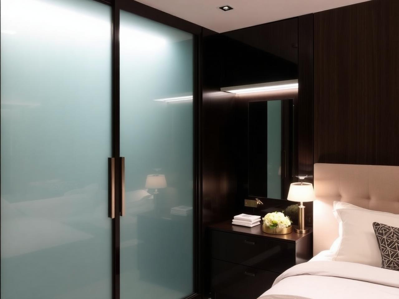 Fitted wardrobe run with slim-framed glazed sliding doors and interior shelving